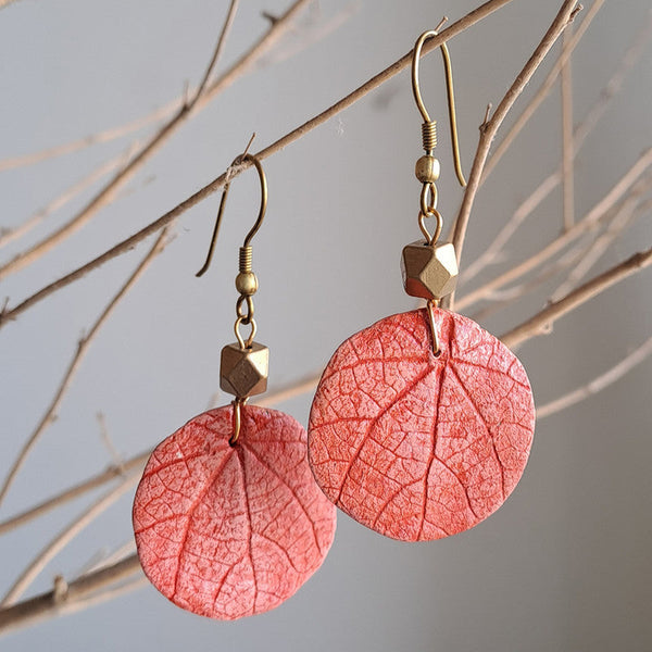 Papier Mache Dangler Earrings | Round Leaf | Red