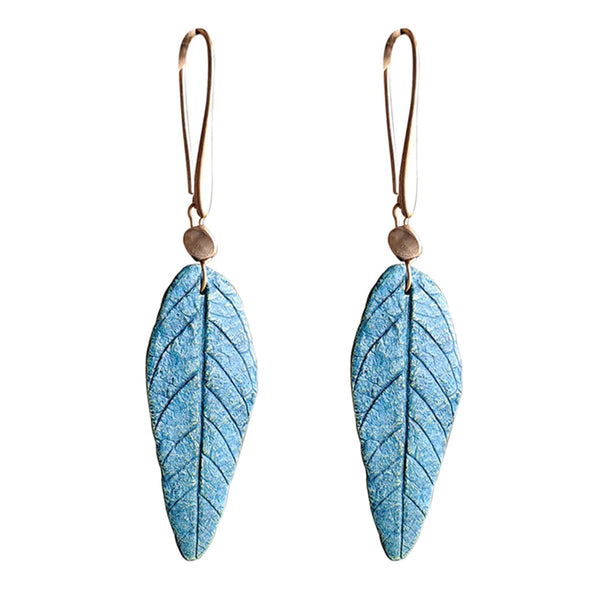 Papier Mache Dangler Earrings | Blue Sleek Leaf | Red