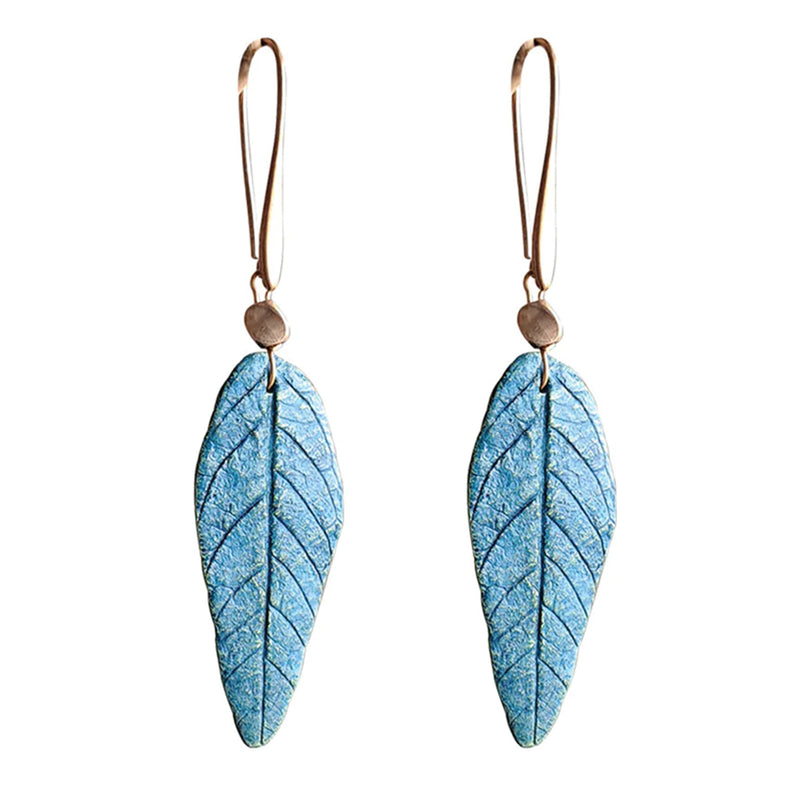 Papier Mache Dangler Earrings | Blue Sleek Leaf | Red