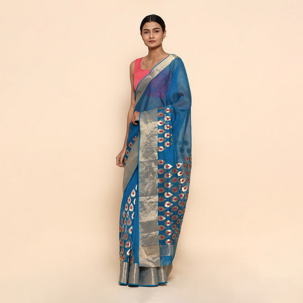 Chanderi Silk Saree | Peacock Motif | Teal Blue