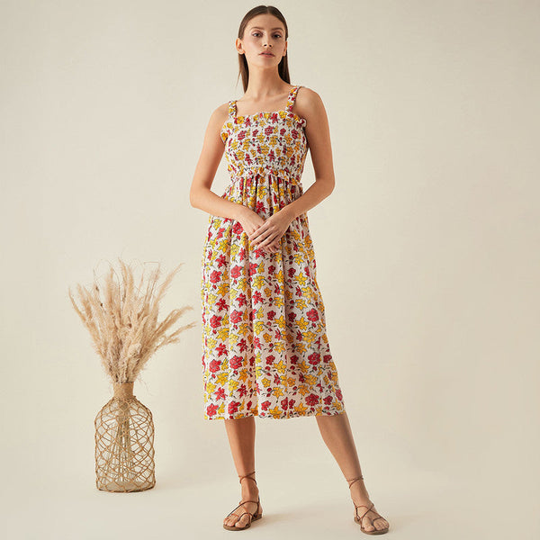 Cotton Sleeveless Dress | Floral Print | Multicolour