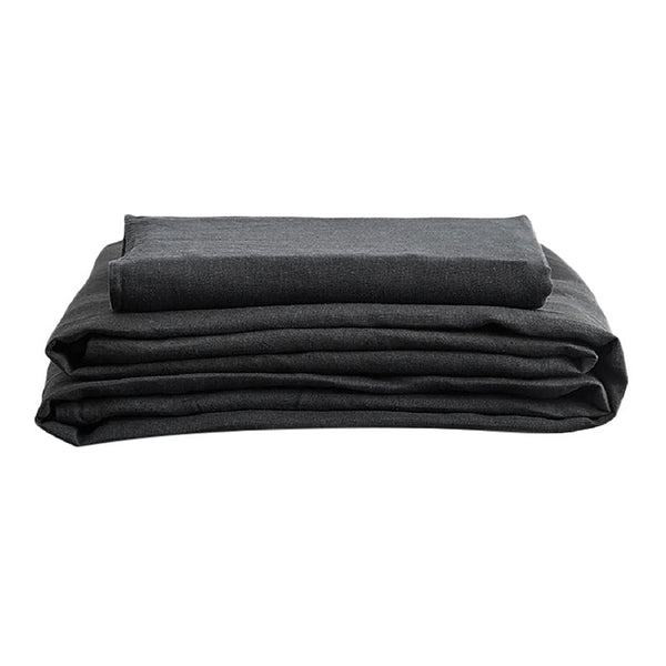 Linen Fitted Bedsheet with Pillow Covers | Black