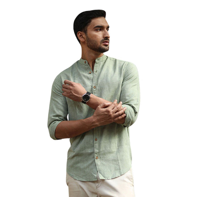 Linen Shirt for Men | Mandarin Collar | Military Green