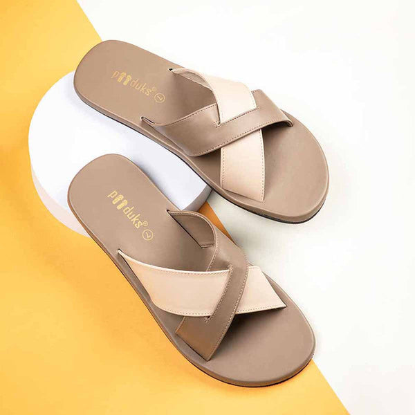 Paaduks Vegan Leather Flip Flop | Criss Cross Strap | Dark Beige.