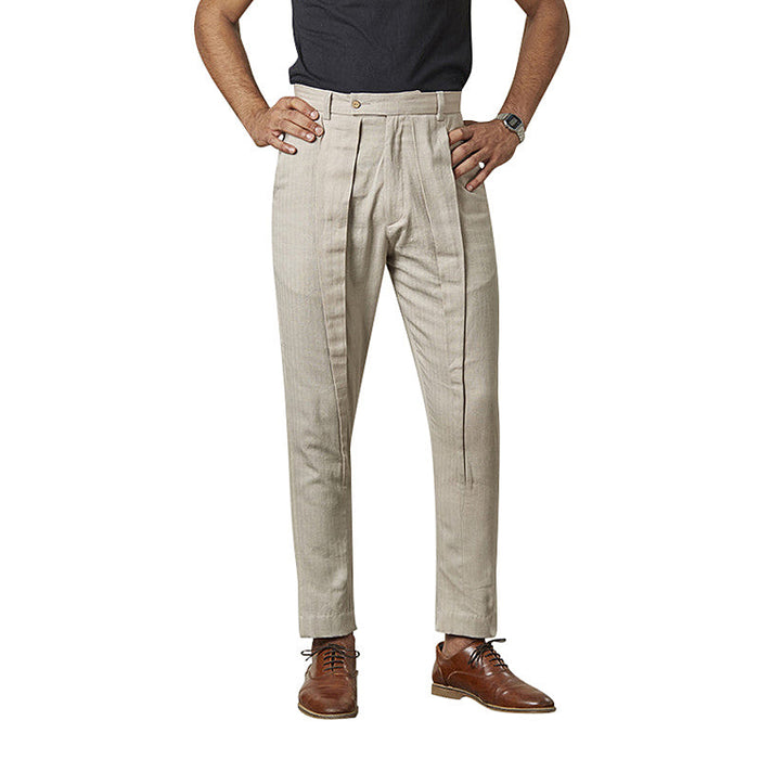 Trousers For Men | Cotton Linen | Pleated | Off-White