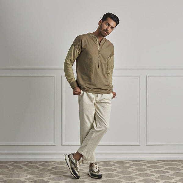 Cotton Linen Shirt | Mandarin Collar | Olive