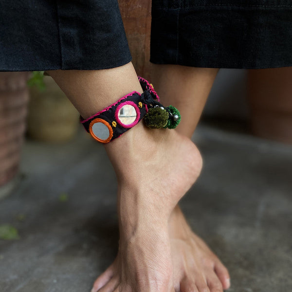 Cotton Fabric Anklet | Mirrors | Pink & Orange