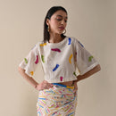 Mul Mul Cotton Blouse | Sequin Embroidered | Ivory