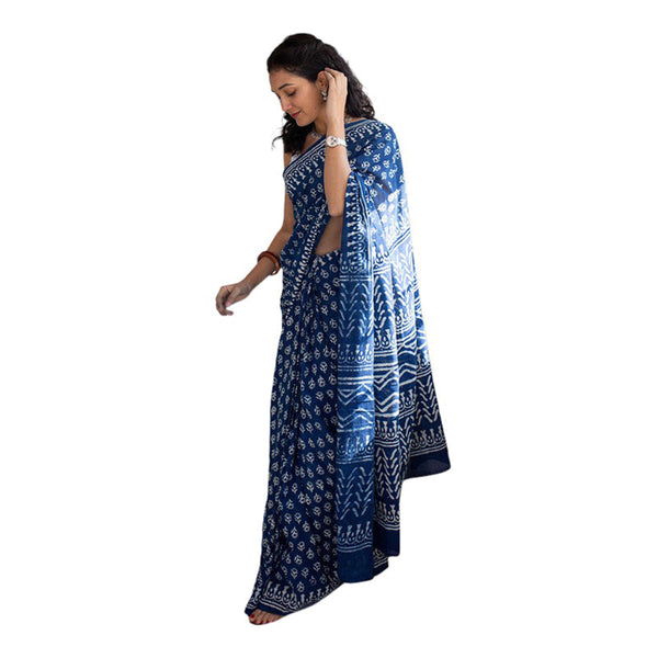 Mulmul Saree | Floral Dabu Print | Geometric Pattern | Indigo