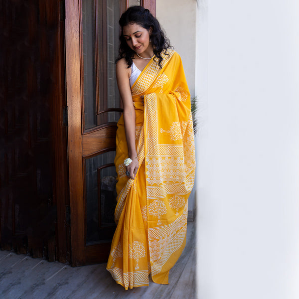 Mulmul Cotton Saree | Hand Block Printed | Haldi Yellow