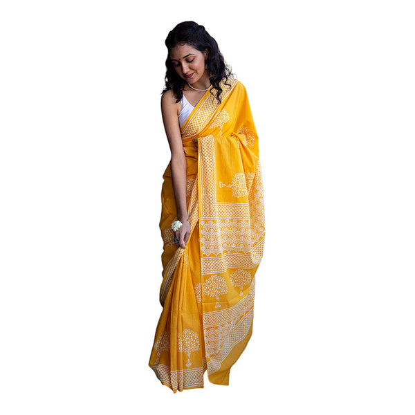 Mulmul Cotton Saree | Hand Block Printed | Haldi Yellow