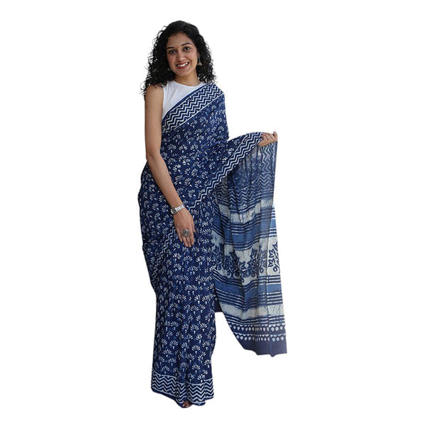 Mulmul Cotton Saree | Dabu Hand Block Print | Indigo