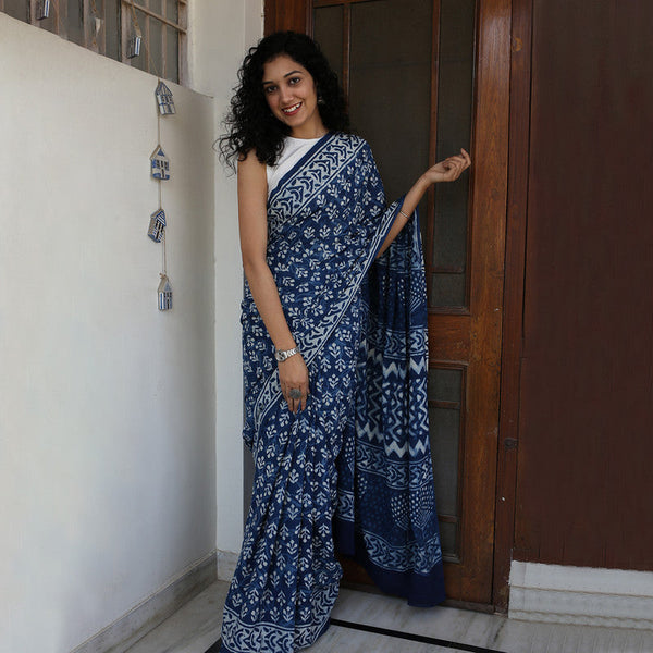 Mulmul Cotton Bagru Saree | Paisley Dabu Hand Block Print | Indigo