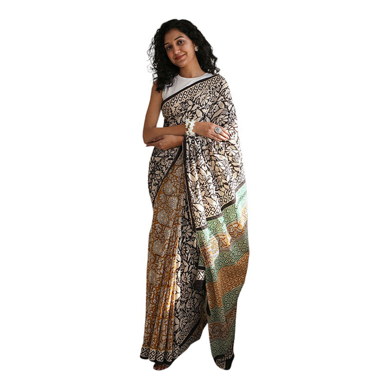 Mulmul Cotton Saree | Dabu Hand Block Print | Multicolour