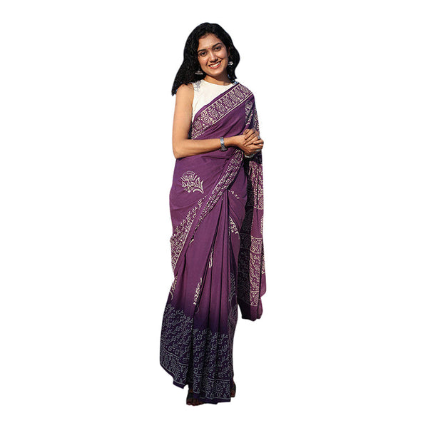 Mulmul Cotton Saree | Bagru Hand Block Print | Dark Violet