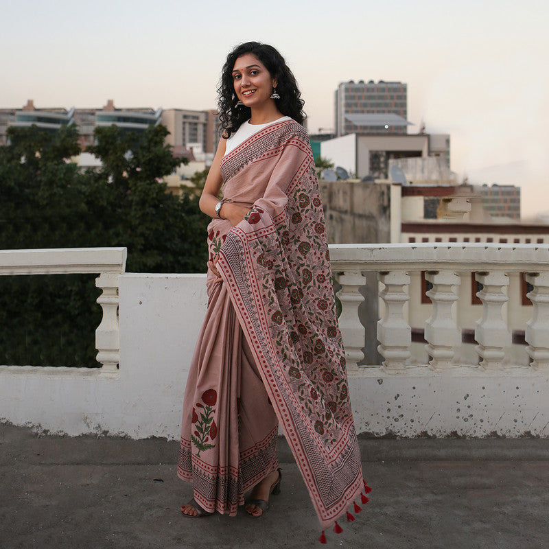 Mulmul Cotton Saree | Dabu Handblock Print | Dull Salmon