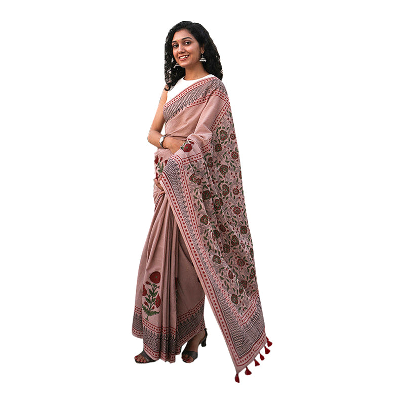 Mulmul Cotton Saree | Dabu Handblock Print | Dull Salmon