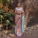 Pure Linen Saree | Hand Block Print | Bougainvillea | Pink & Green