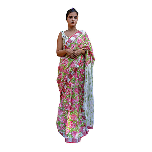 Pure Linen Saree | Hand Block Print | Bougainvillea | Pink & Green