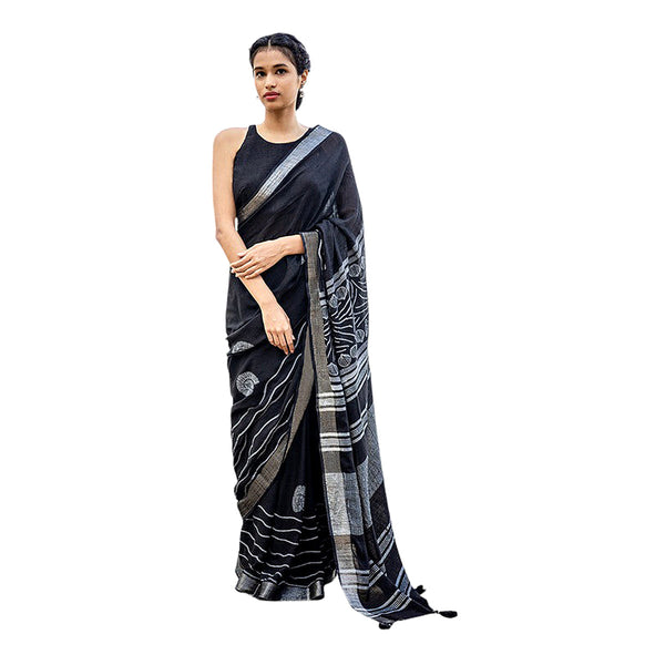 Pure Linen Saree | Hand Block Print | Black