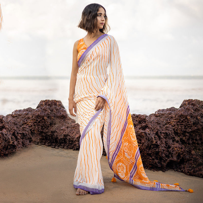 Pure Linen Saree | Hand Block Print | Off-White & Orange