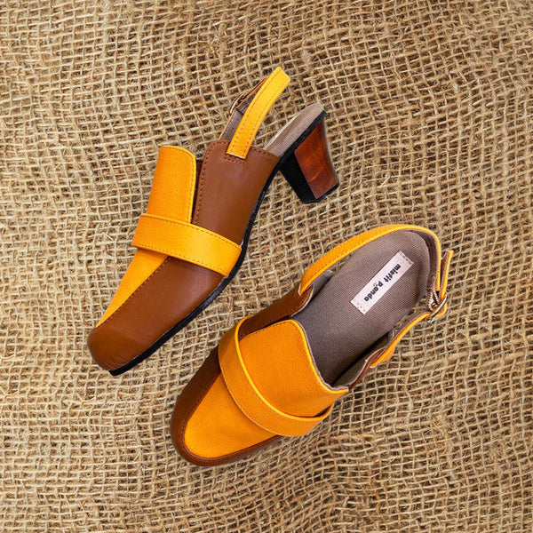 Block Heels | Cactus Leather | Backstrap | Yellow & Brown