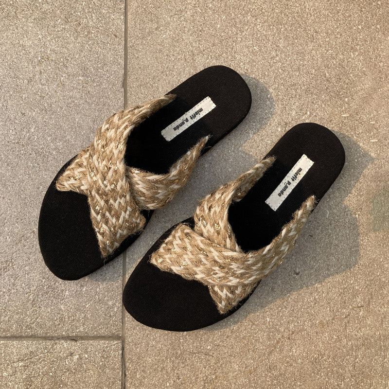 Flats For Women | Jute Sliders | Cross Strap | Beige & Black