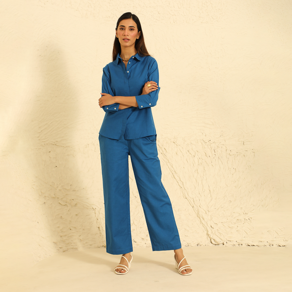 Cotton Linen Co Ord Set | Shirt & Pants | Blue