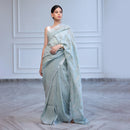 Linen Saree with Unstitched Blouse| Striped Pallu | Mint Blue