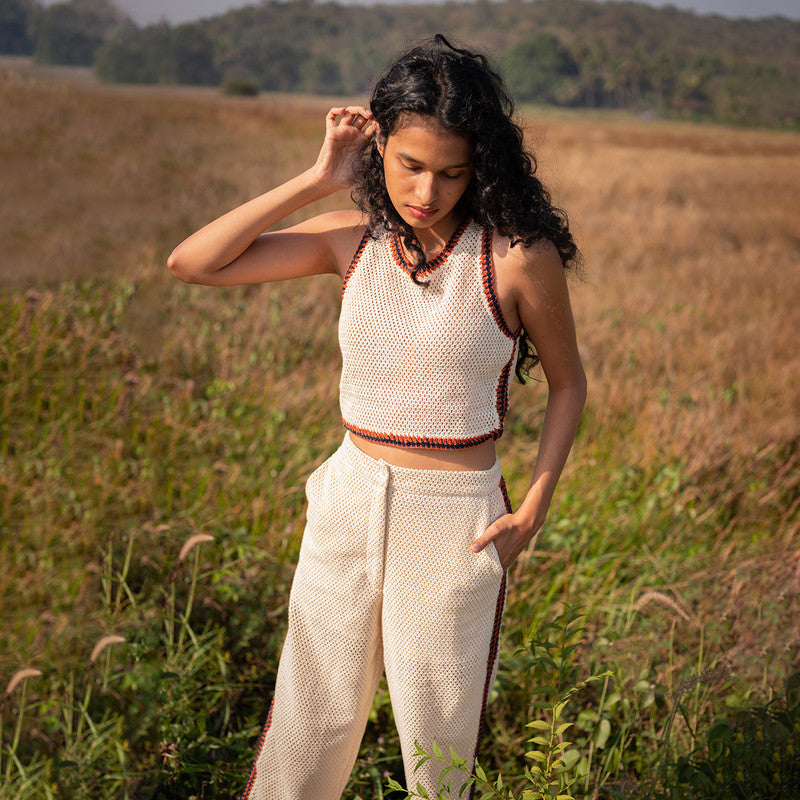 Pants for Women | Cotton Crochet | Hand Embroidered | Ecru & Rust