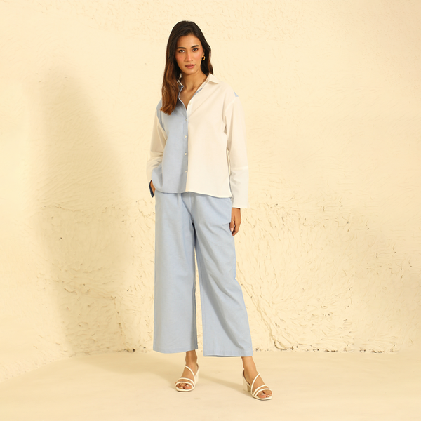 Co Ord Set for Women | Cotton Linen Shirt & Pant | Blue & White