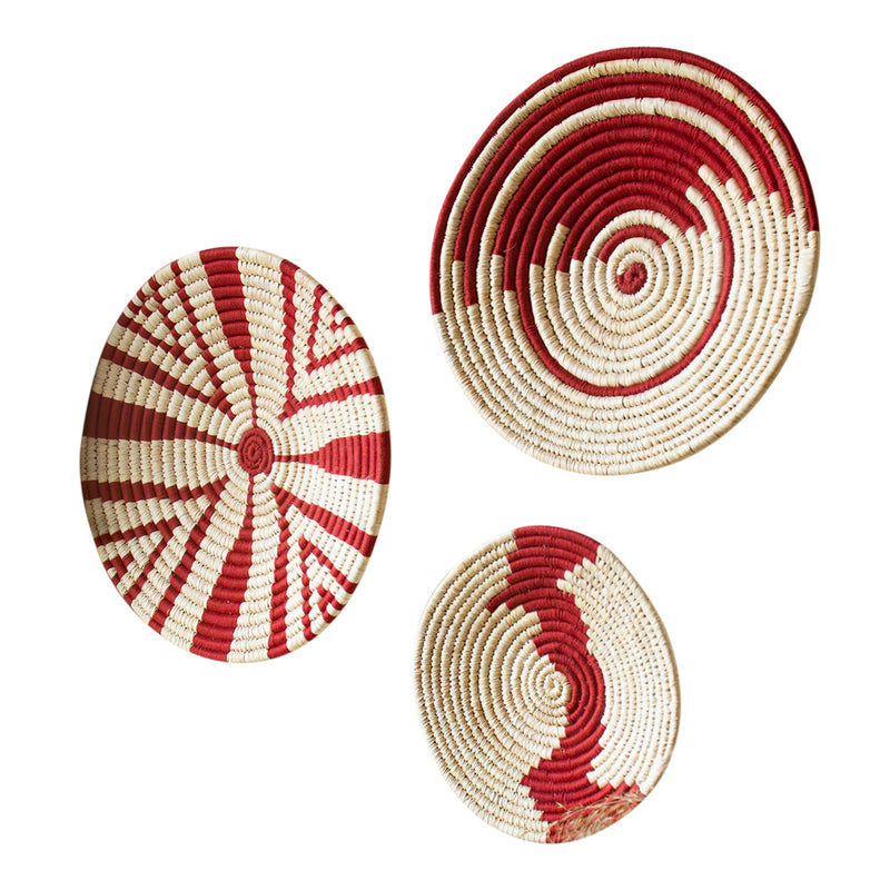 Natural Grass Wall Decorative Baskets | Beige & Red | Set of 3