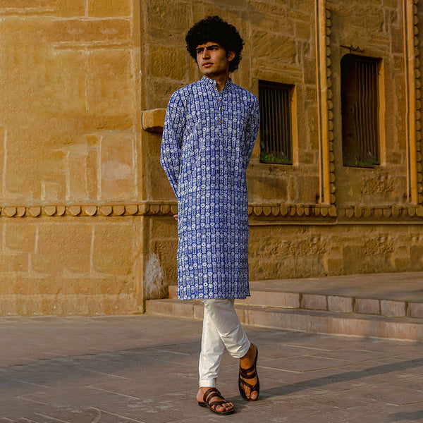 Cotton Kurta for Men | Floral Handblock Print | Blue