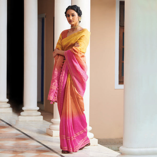 Linen Silk Saree with Blouse Fabric | Yellow & Pink