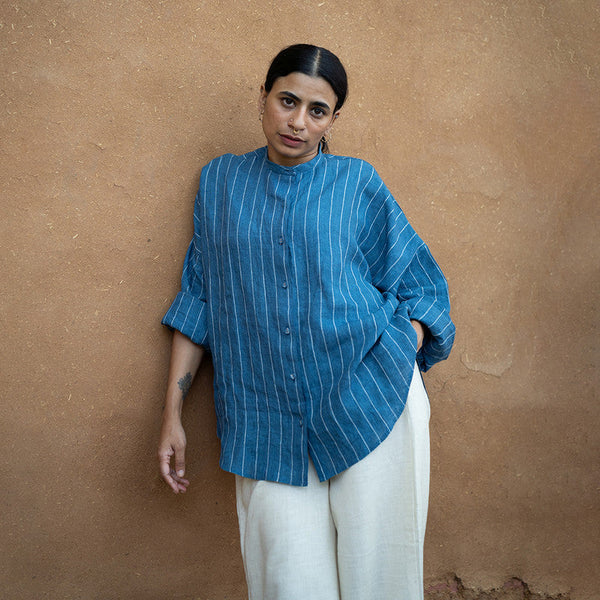 Women Linen Oversized Shirt | Striped | Indigo