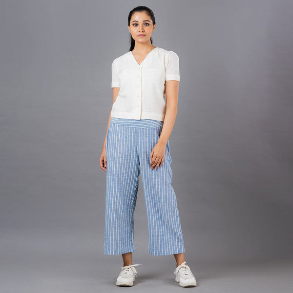 Pure Cotton Co Ord Set | Striped | White & Blue