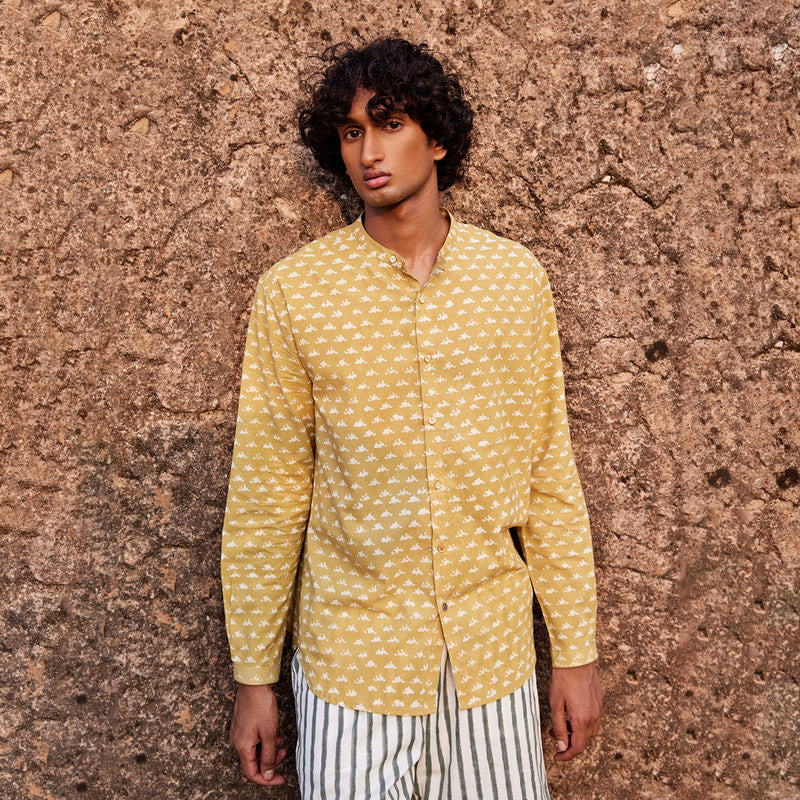 Men's Cotton Shirt | Dabu Handblock Print | Mustard Yellow