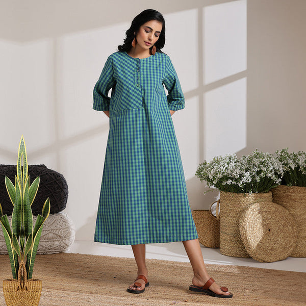 Women Cotton Dress | Checkered | Sage Green