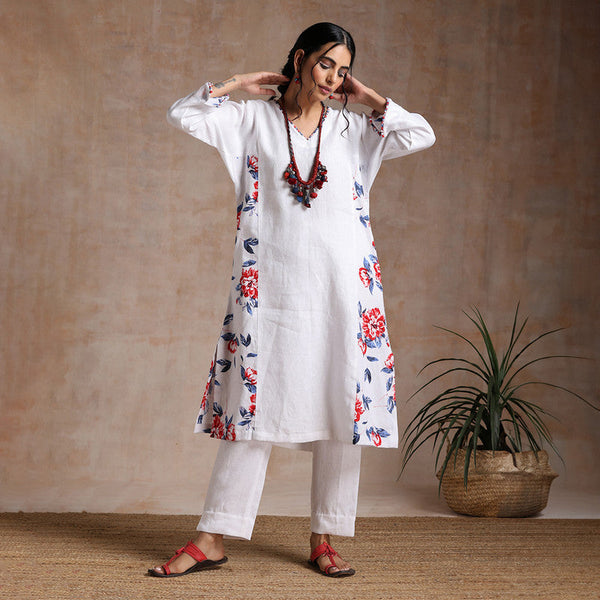 Women Cotton Kurta Sets | Floral Print | White