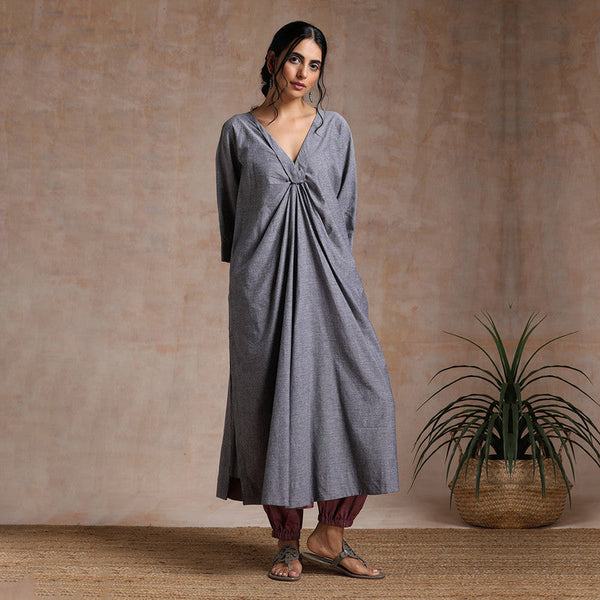 Chambray Cotton Kurta Set | A-Line Kaftan & Pant | Grey