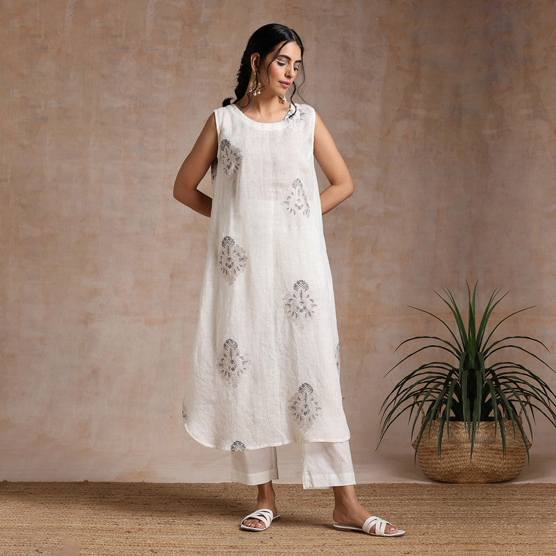 Linen Kurta Set | Embroidered Tunic & Pant | Cream