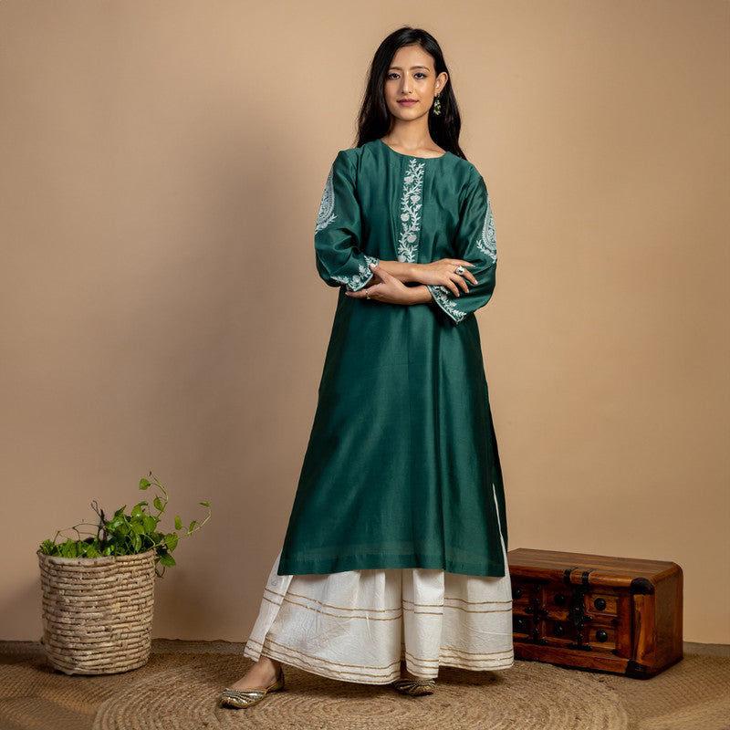 Chanderi Silk Kurta | Floral Thread-Embroidery | Green