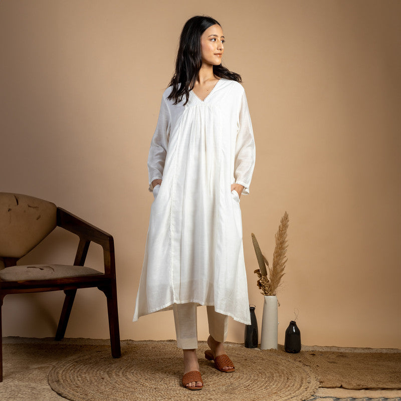 Maheshwari Silk Long Kurta Set | Kurta & Pant | Off-White