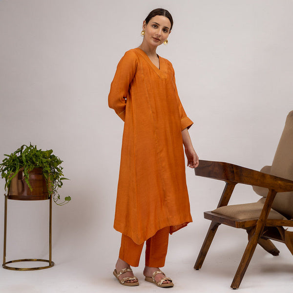 Chanderi Silk Kurta Set with Slip | Rust