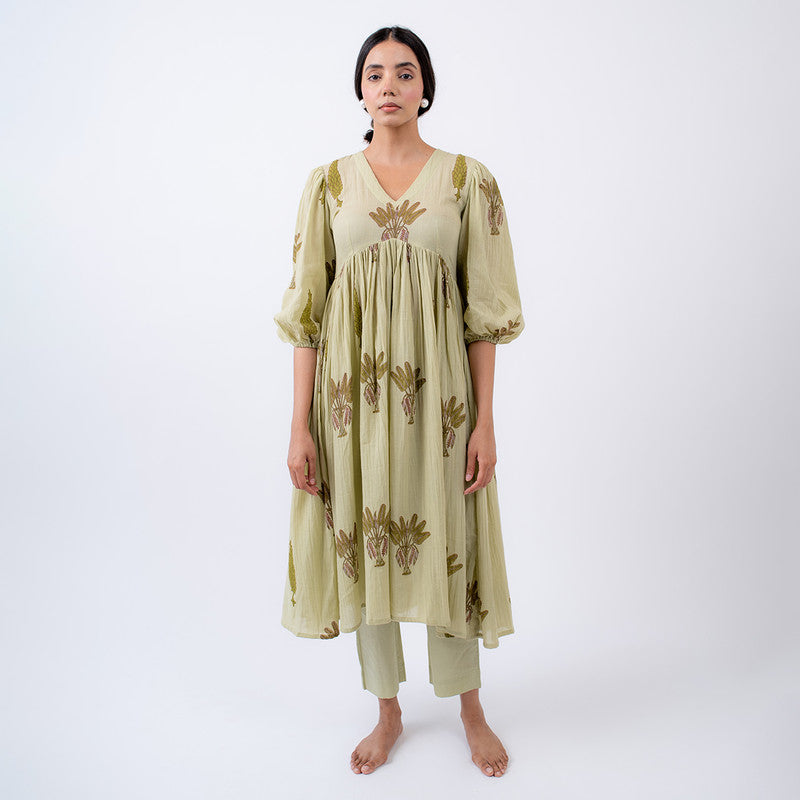 Gauze Cotton Flared Kurta Set | Handblock Print | Pistachio Green.