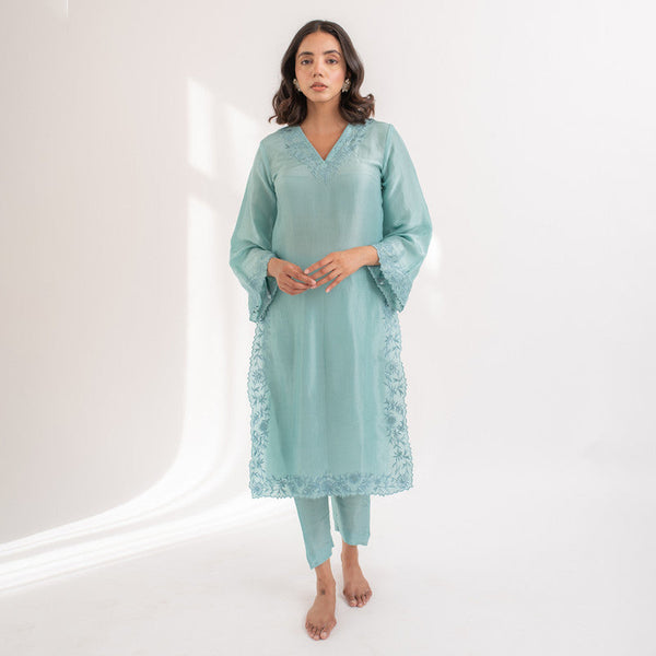 Women Uppada Silk Kurta Set | Embroidered | Blue