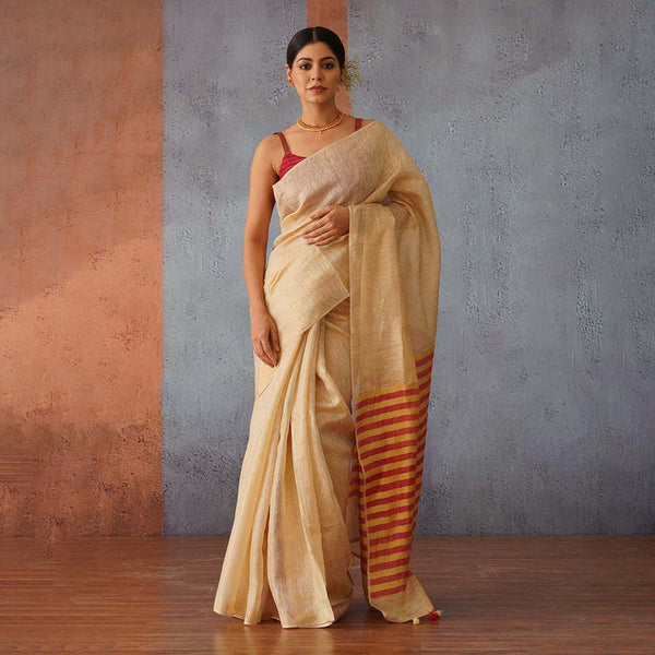 Beige Linen Saree | Red & Gold Striped Pallu