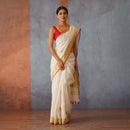 Handloom Linen Saree | Off-White with Red & Gold