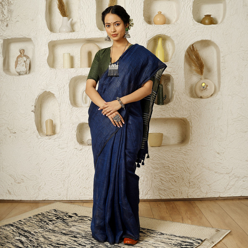 Pure Linen Saree | Navy Blue & Green