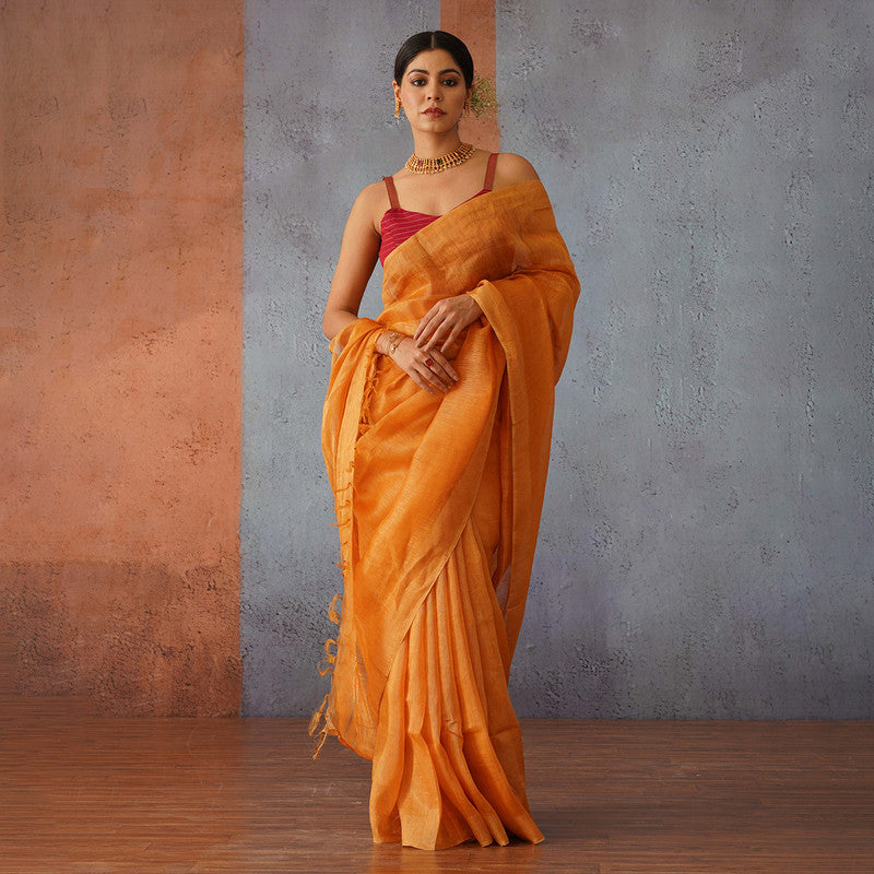 Linen Silk Saree | Rust Orange